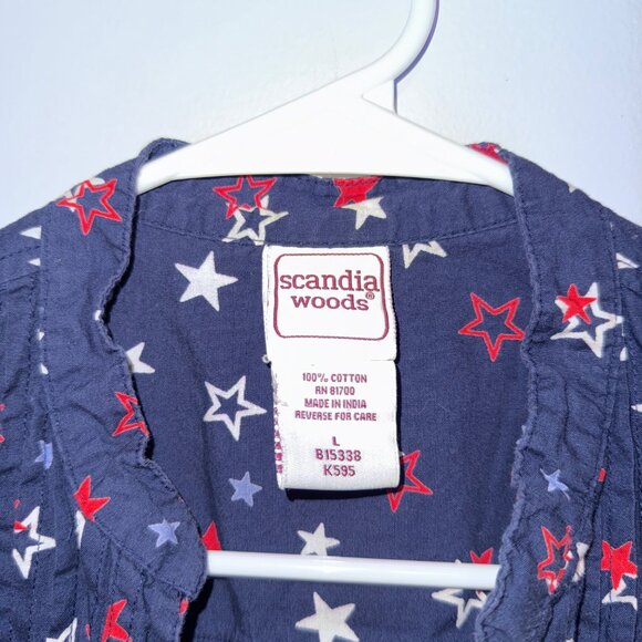 Scandia Woods Womens Navy Star Print Tunic Top L 3/4 Sleeve Button-Front 100% Co - Picture 3 of 5
